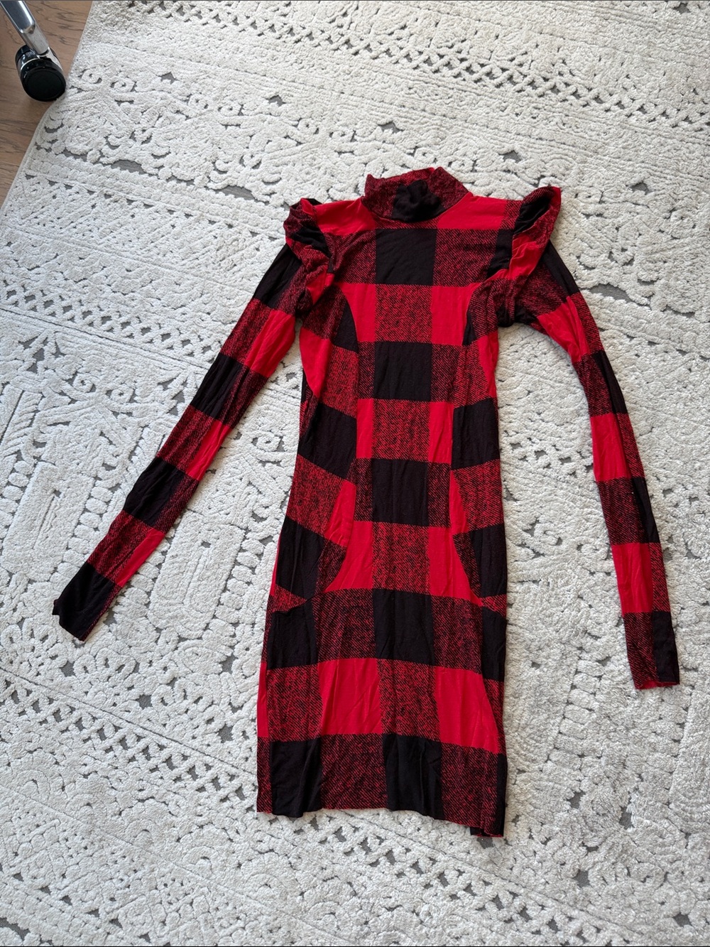 Red & Black Plaid Long-Sleeve Ruffle-Shoulder Dress